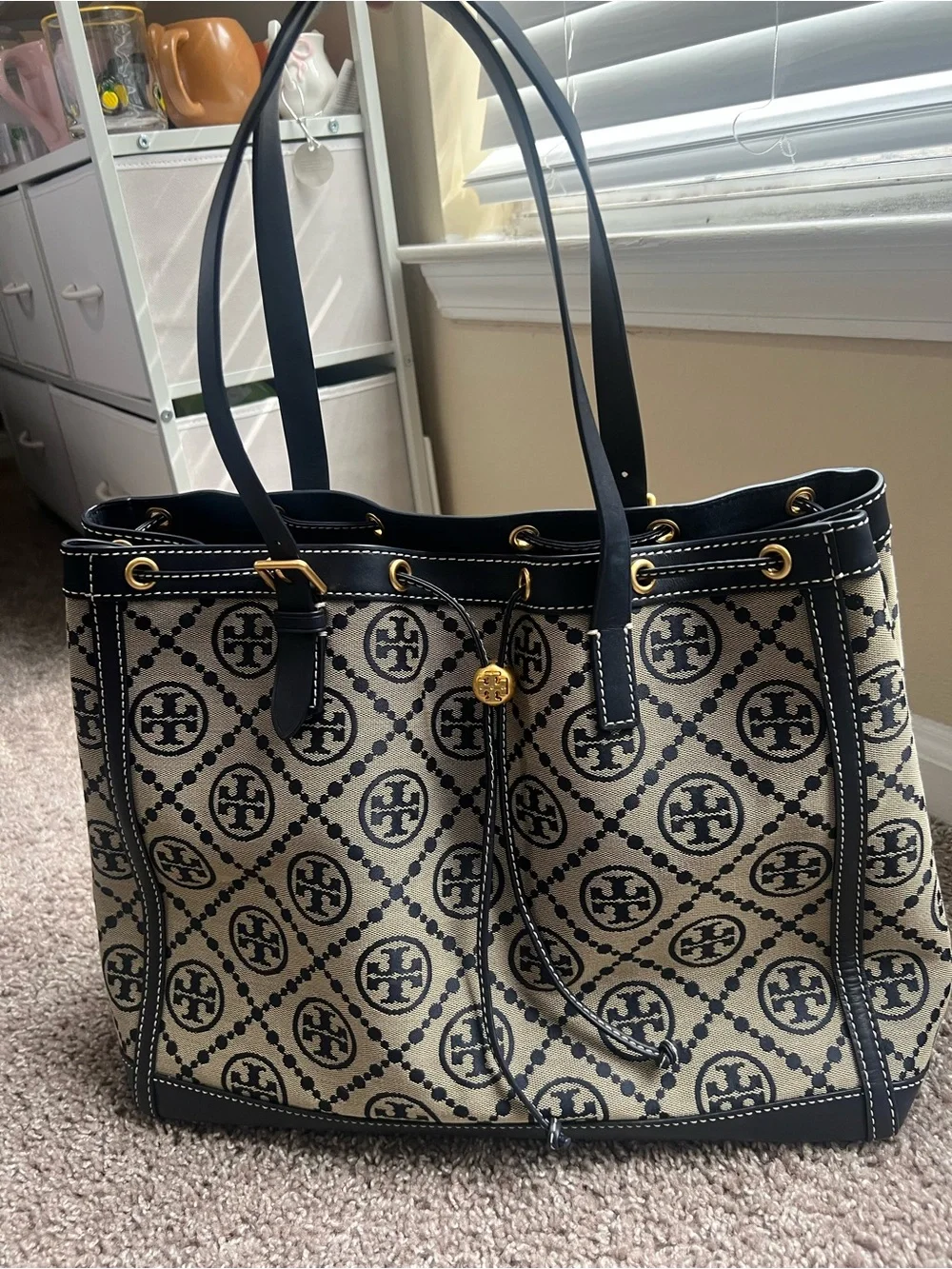 Tory Burch Black and Natural Logo Jacquard Drawstring Tote